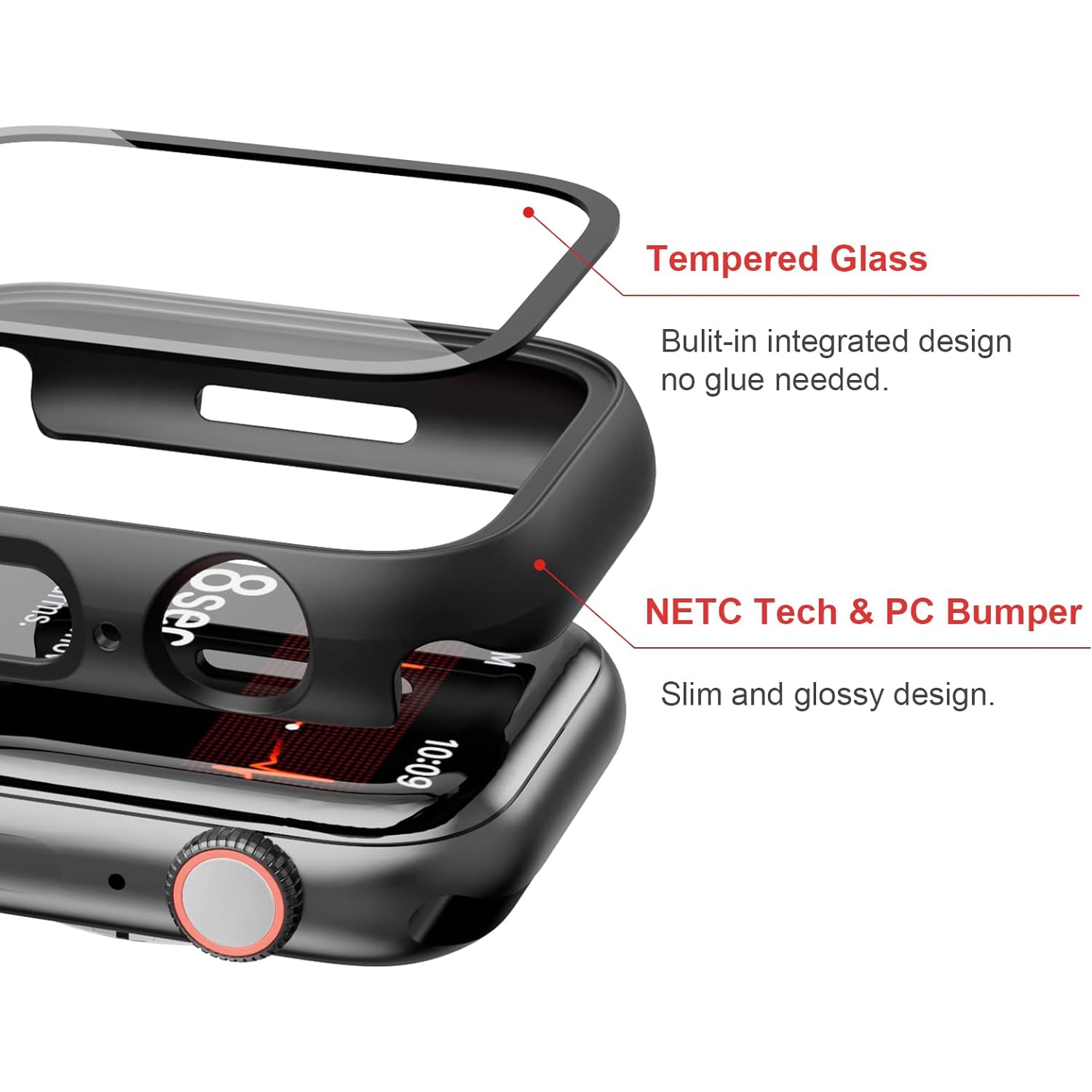 Ensemble de 2 étuis avec protecteur d'écran en verre trempé pour Apple Watch Series 8 45 mm de 7 mm, contour de protection mince plein
