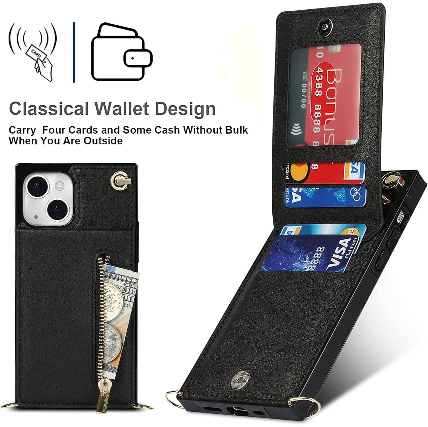 Étui à bandoulière pour iPhone 13 mini avec porte-carte pour femmes, étui portefeuille pour iPhone 13 mini avec dragonne