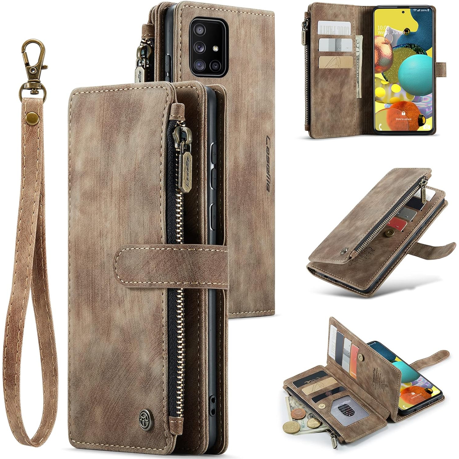 UEEBAI Wallet Case for Samsung Galaxy A51 4G, Premium Handmade PU Leather Phone Case Card Slots Magnetic Closure Zipper