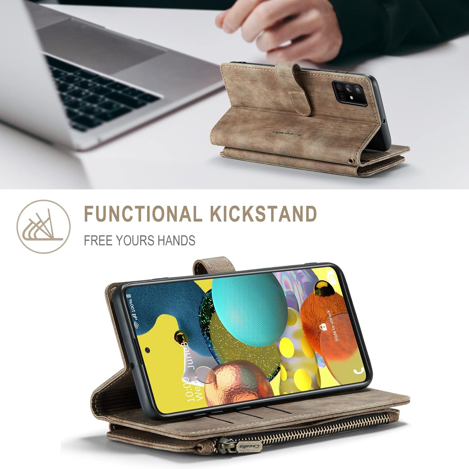 UEEBAI Wallet Case for Samsung Galaxy A51 4G, Premium Handmade PU Leather Phone Case Card Slots Magnetic Closure Zipper