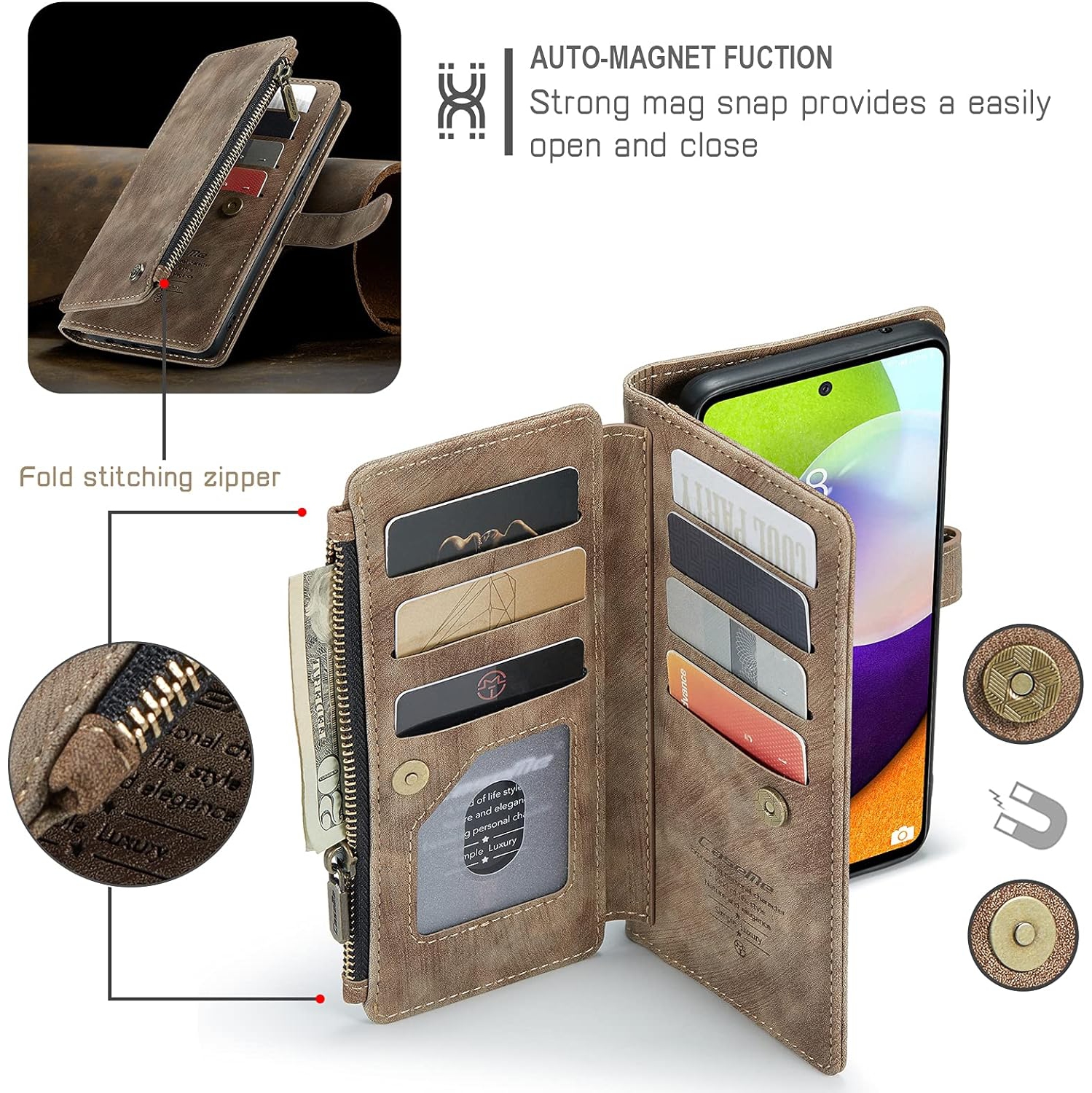 UEEBAI Wallet Case for Samsung Galaxy A51 4G, Premium Handmade PU Leather Phone Case Card Slots Magnetic Closure Zipper