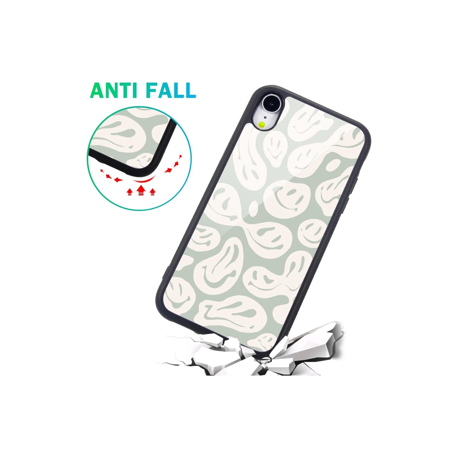 Compatible with iPhone XR Case Happy Funny Face Hippie, Hard Back with Trippy Cute Pattern Indie Collage Design