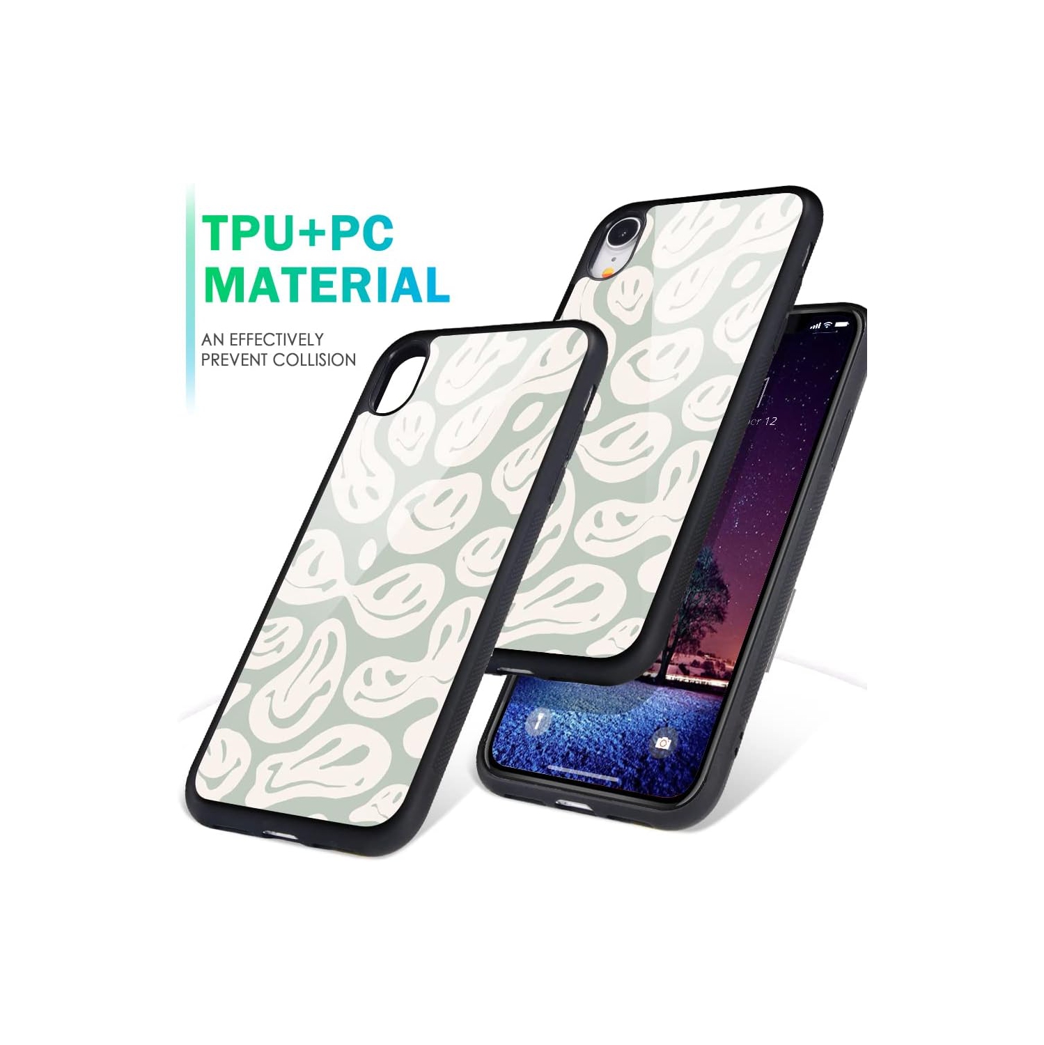 Compatible with iPhone XR Case Happy Funny Face Hippie, Hard Back with Trippy Cute Pattern Indie Collage Design