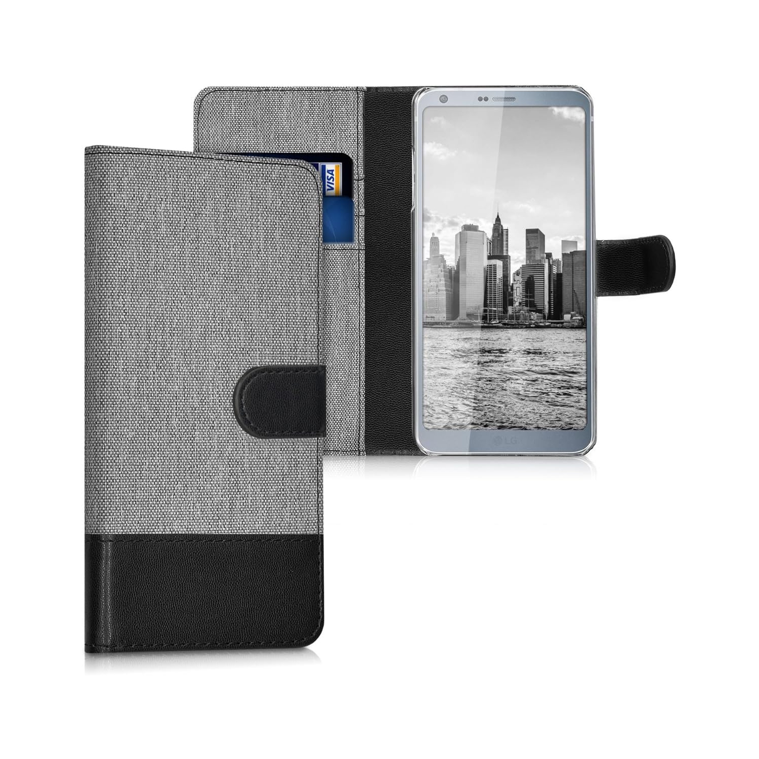 Wallet Case Compatible with LG G6 - Case Fabric and Faux Leather Phone Flip Cover - Grey/Black