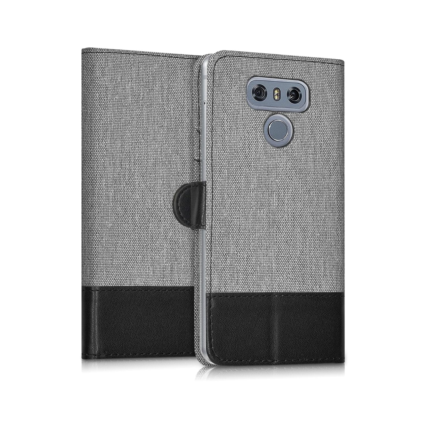 Wallet Case Compatible with LG G6 - Case Fabric and Faux Leather Phone Flip Cover - Grey/Black