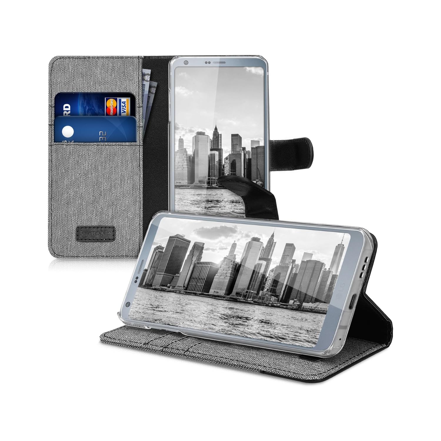 Wallet Case Compatible with LG G6 - Case Fabric and Faux Leather Phone Flip Cover - Grey/Black