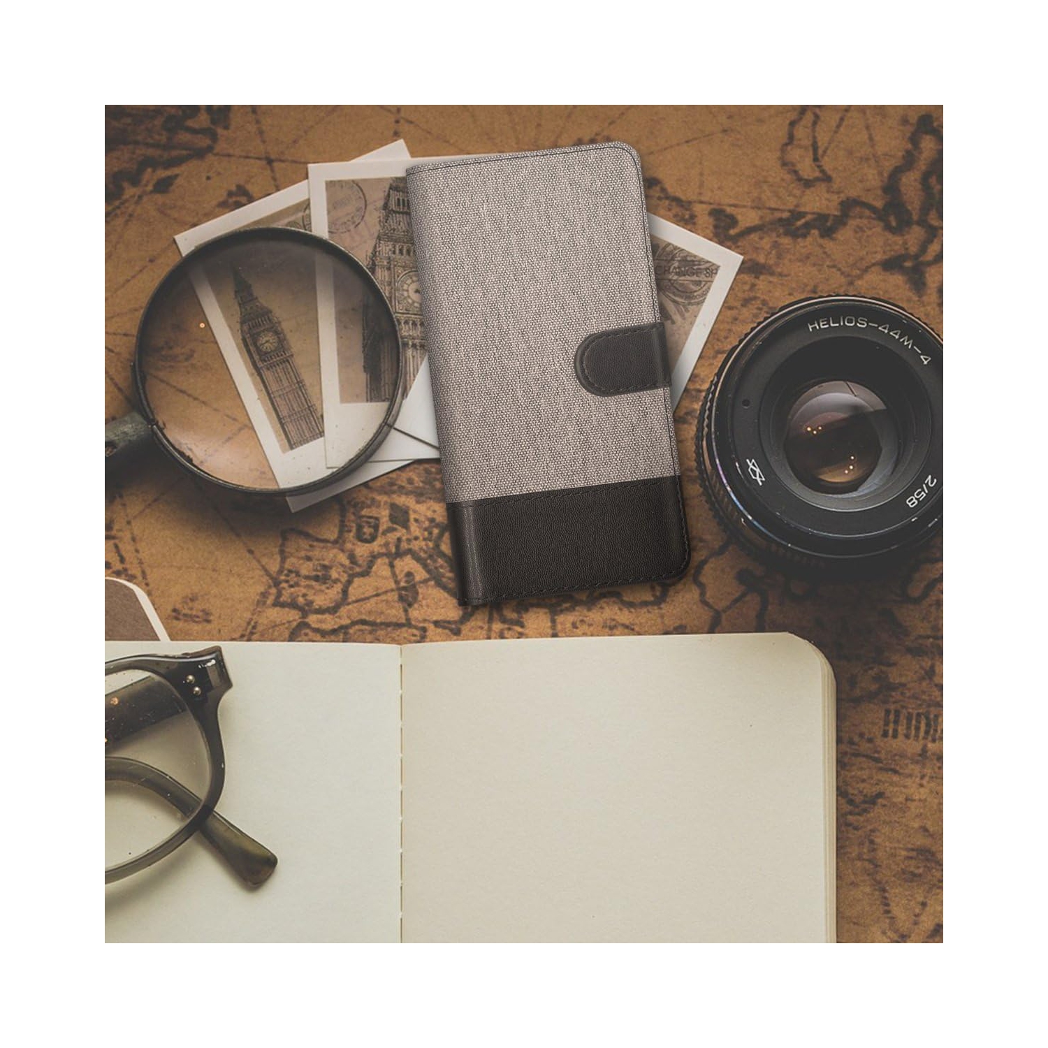 Wallet Case Compatible with LG G6 - Case Fabric and Faux Leather Phone Flip Cover - Grey/Black