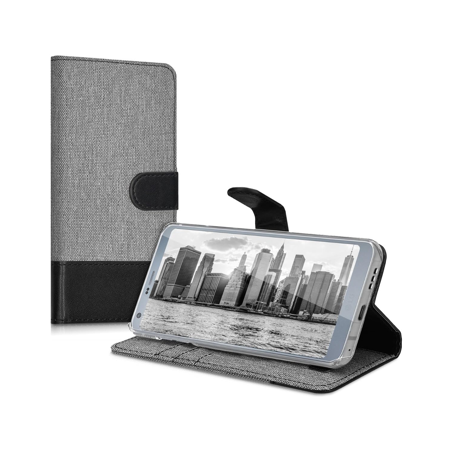 Wallet Case Compatible with LG G6 - Case Fabric and Faux Leather Phone Flip Cover - Grey/Black
