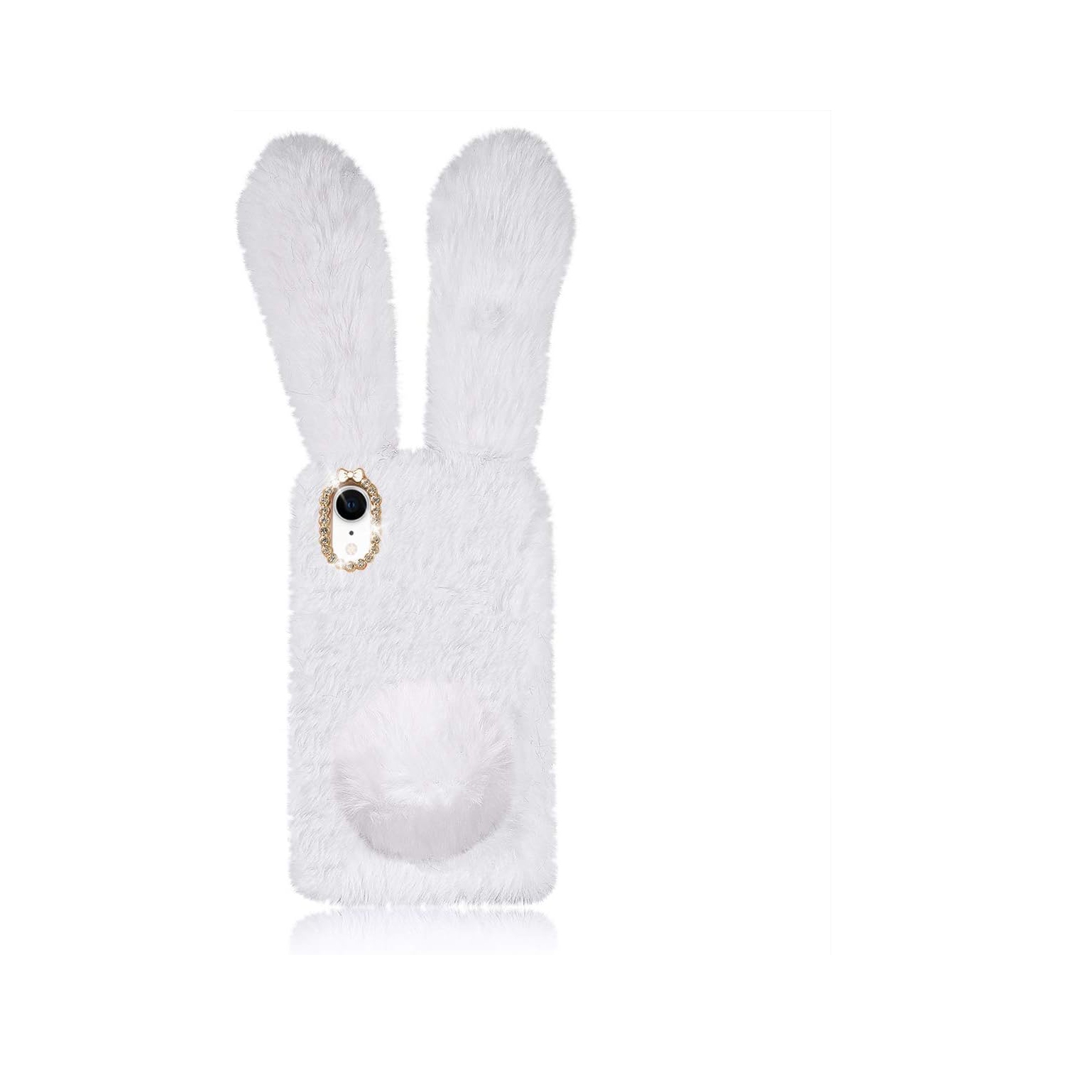 Furry Bunny Phone Case for iPhone XR, Fashion Protective Phone Shell for Girls, White Fluffy Faux Fur Animal
