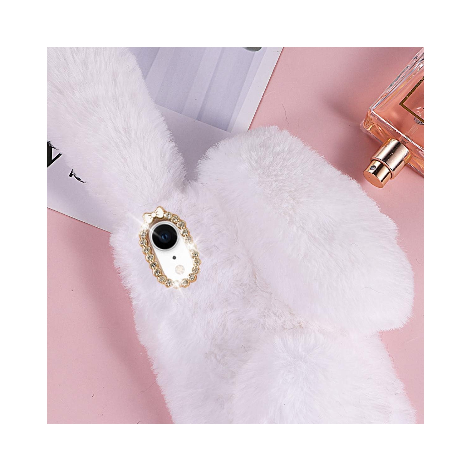 Furry Bunny Phone Case for iPhone XR, Fashion Protective Phone Shell for Girls, White Fluffy Faux Fur Animal