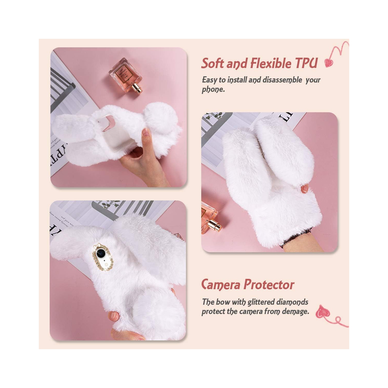 Furry Bunny Phone Case for iPhone XR, Fashion Protective Phone Shell for Girls, White Fluffy Faux Fur Animal