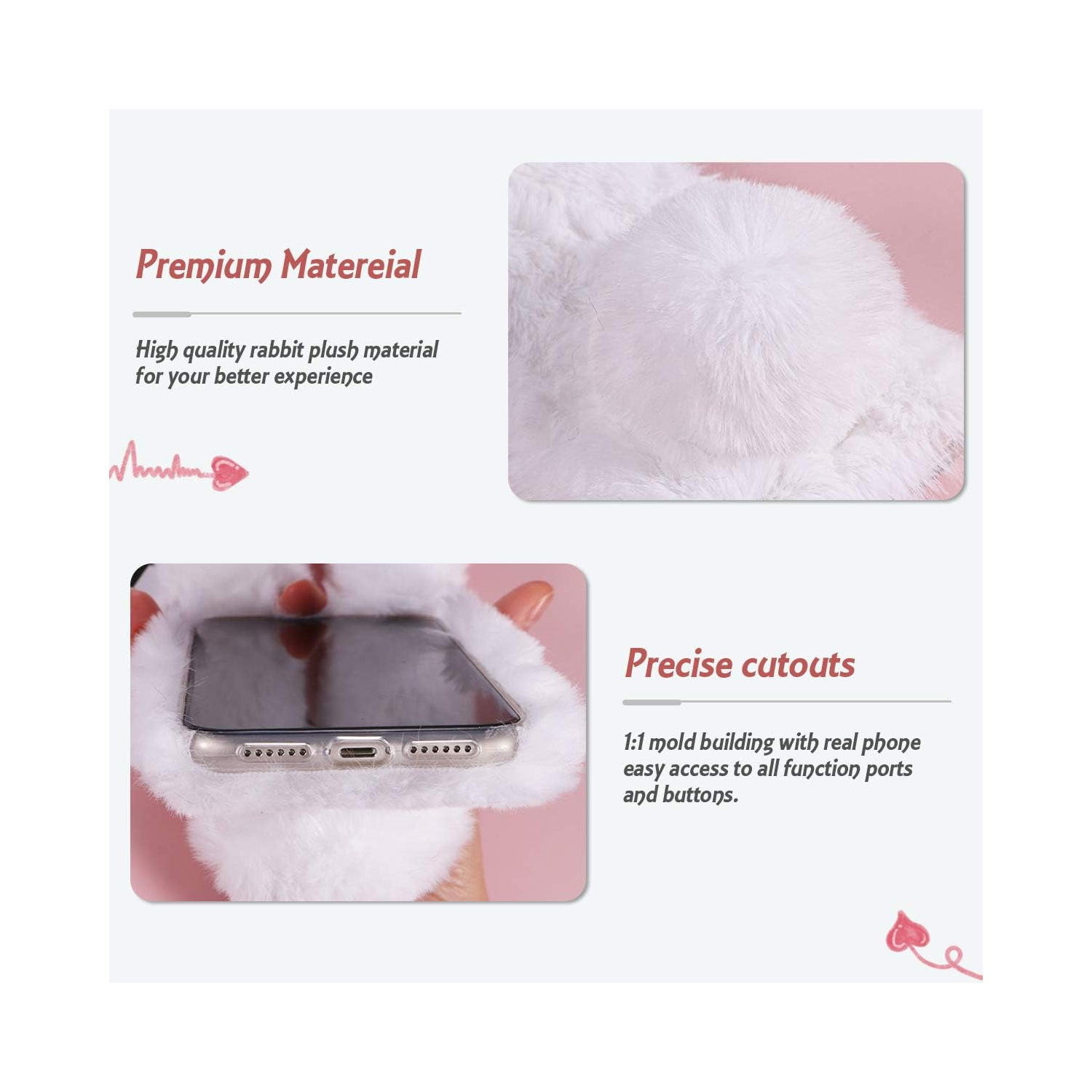 Furry Bunny Phone Case for iPhone XR, Fashion Protective Phone Shell for Girls, White Fluffy Faux Fur Animal