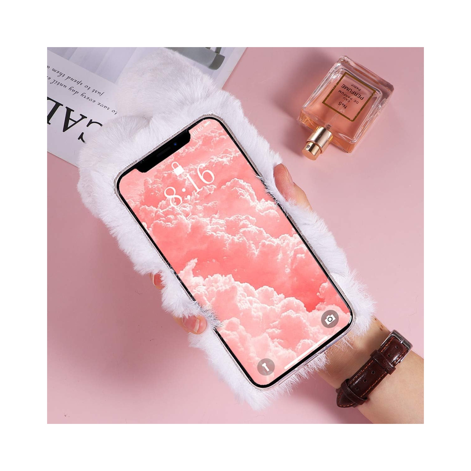 Furry Bunny Phone Case for iPhone XR, Fashion Protective Phone Shell for Girls, White Fluffy Faux Fur Animal
