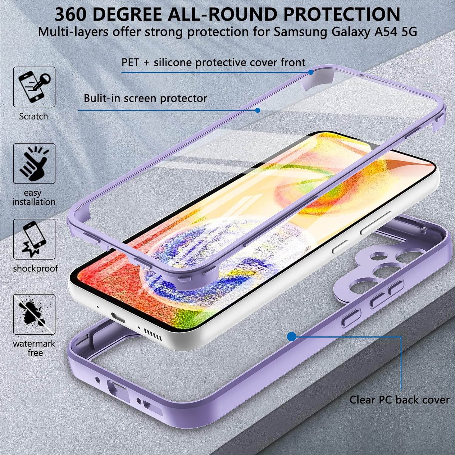 Pour étui antichoc intégral pour Galaxy A54 5G de 6,4 po de Samsung avec écran antirayure intégré