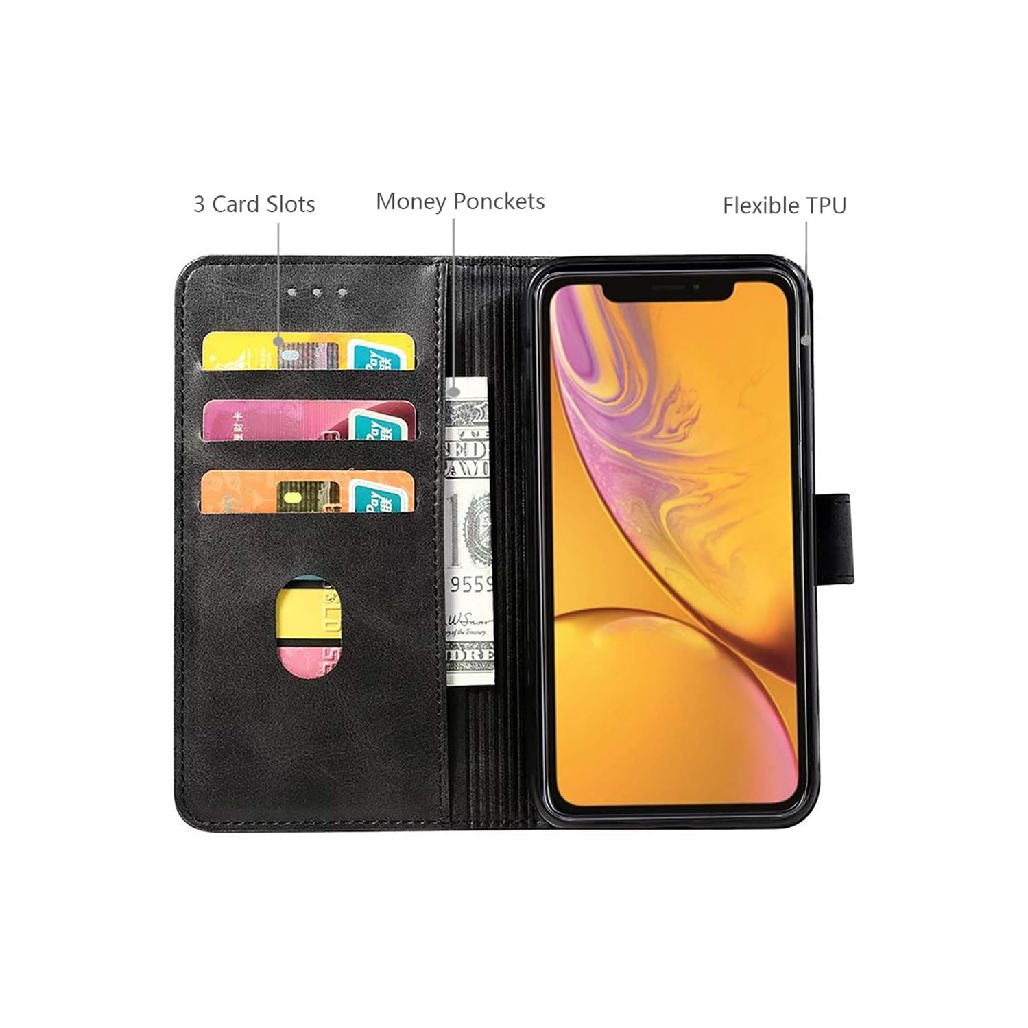 DMDMBATH iPhone XR Case Wallet Shockproof Flip Flap Foldable Magnetic Clasp Protective Cover case with Cash Credit Card