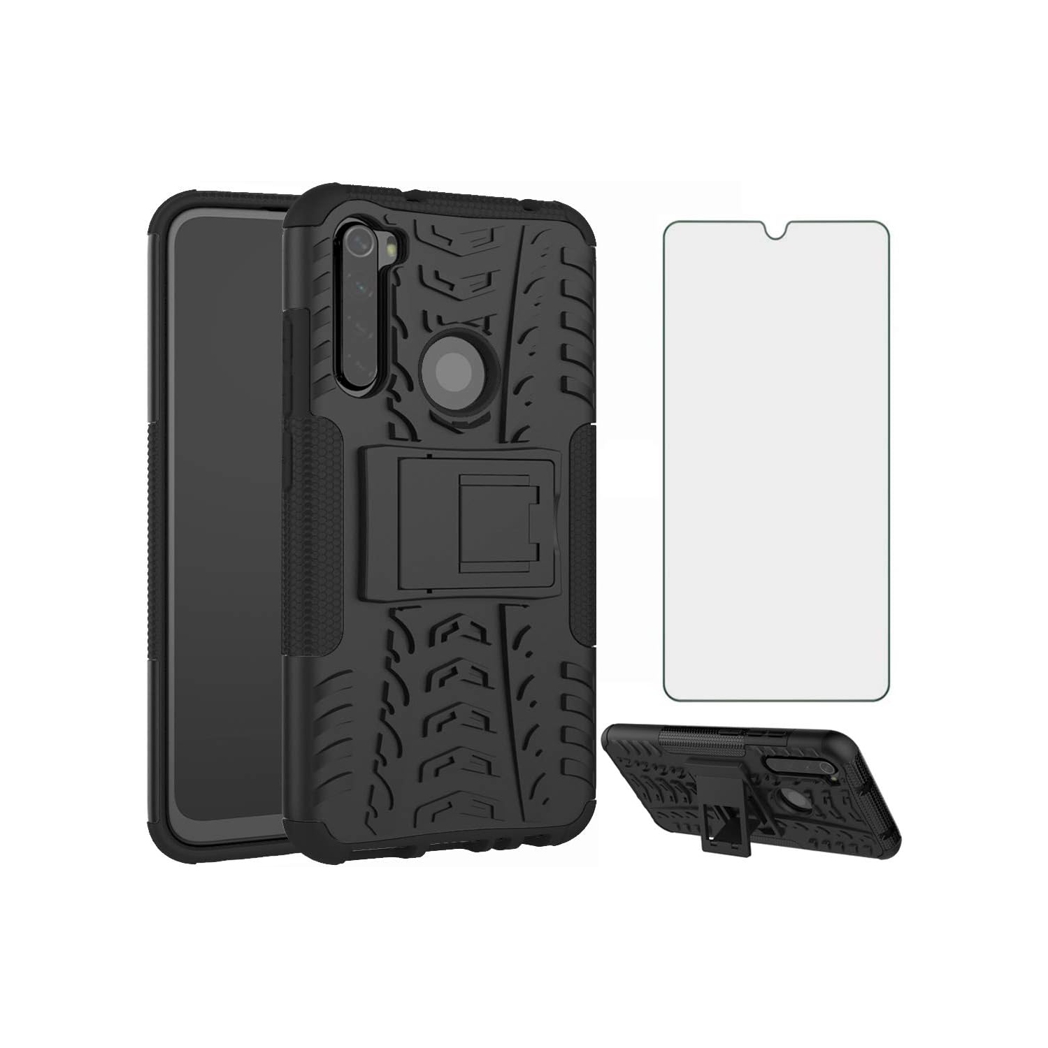 Phone Case for Xiaomi Redmi Note 8 with Tempered Glass Screen Protector and Slim Stand Hybrid Heavy Duty Rugged