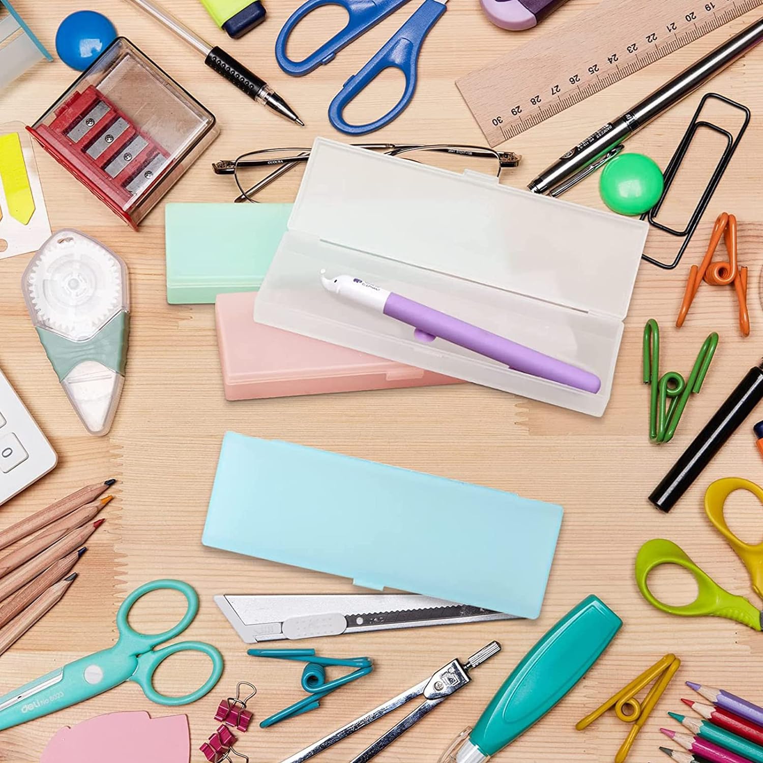 4PCS Plastic Pencil Case,Colorful Clear Pencil Box,Pen Case for Girls Organizer Box School Supplies for College