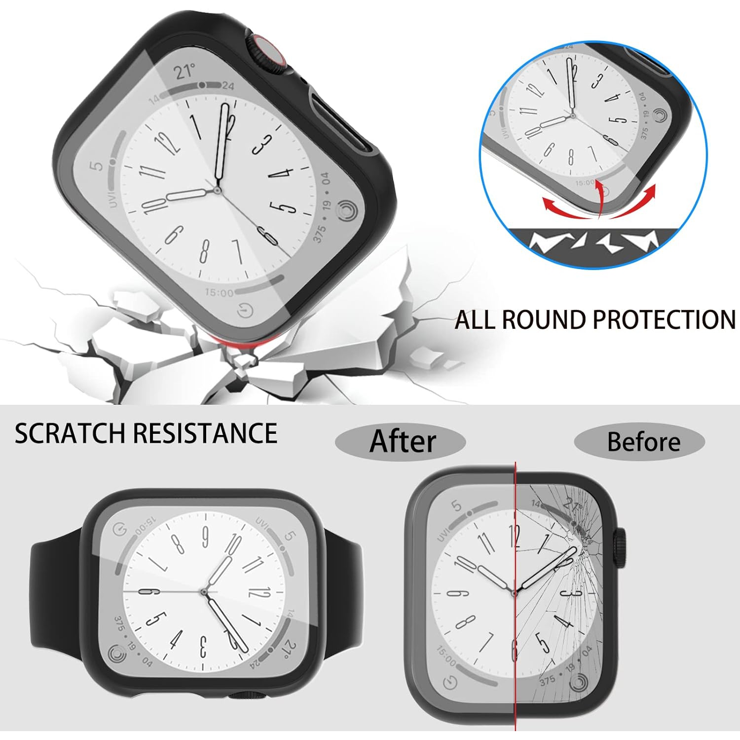 5 Pack Case for Apple Watch Series 7/8 45mm with 9H Tempered Glass Screen Protector,Hard Ultra-Thin PC Overall