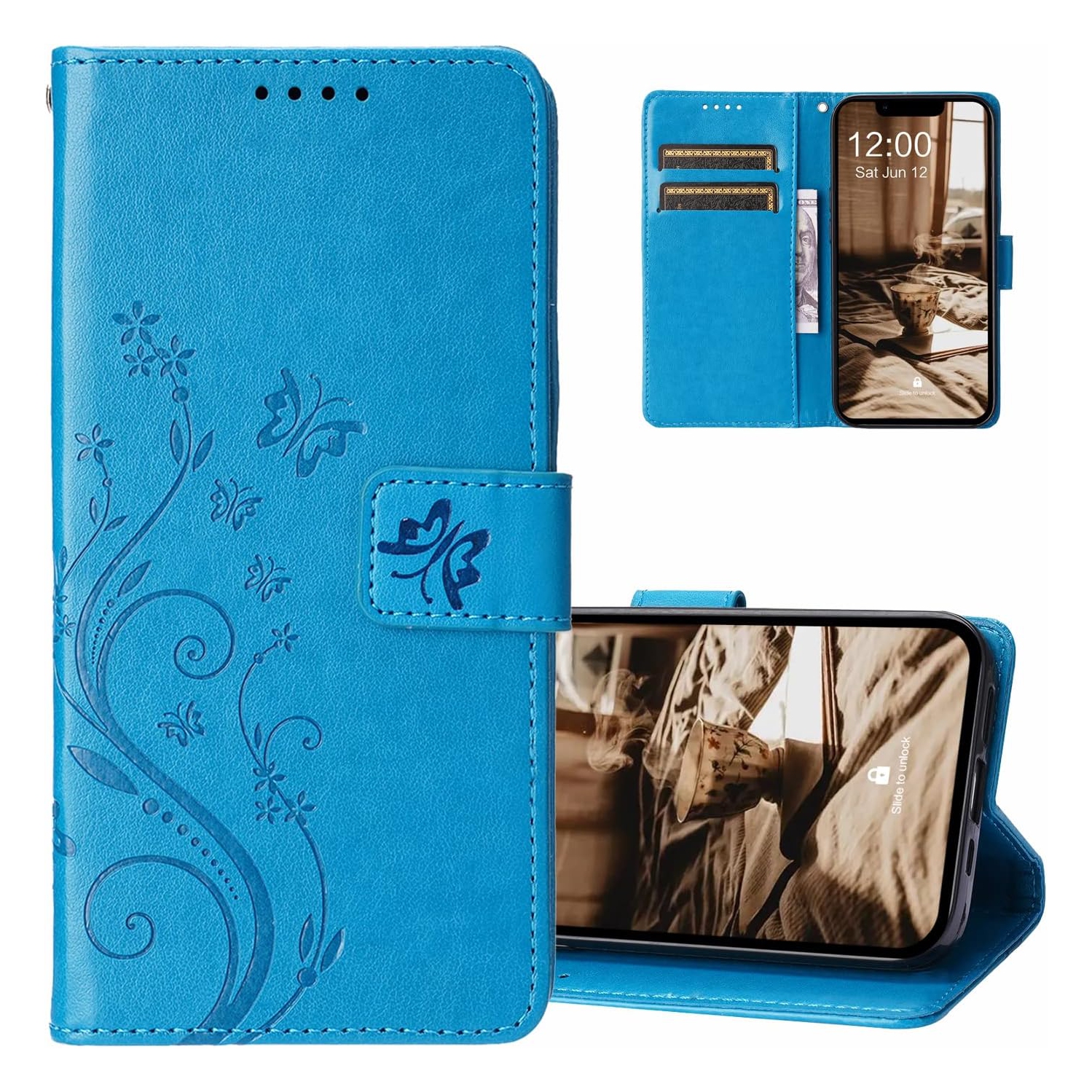Étui portefeuille pour Galaxy S23 plus, [papillon et fleur en relief] étui portefeuille en cuir mignon étui protecteur à rabat pour téléphone