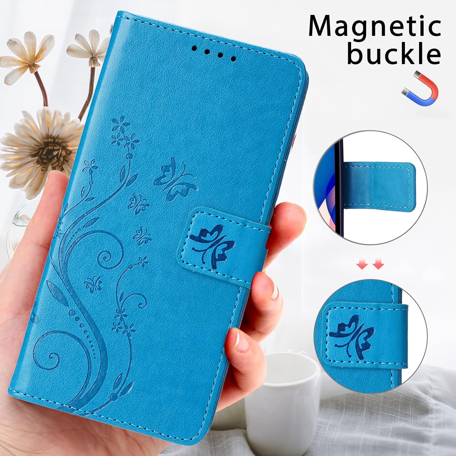 Étui portefeuille pour Galaxy S23 plus, [papillon et fleur en relief] étui portefeuille en cuir mignon étui protecteur à rabat pour téléphone