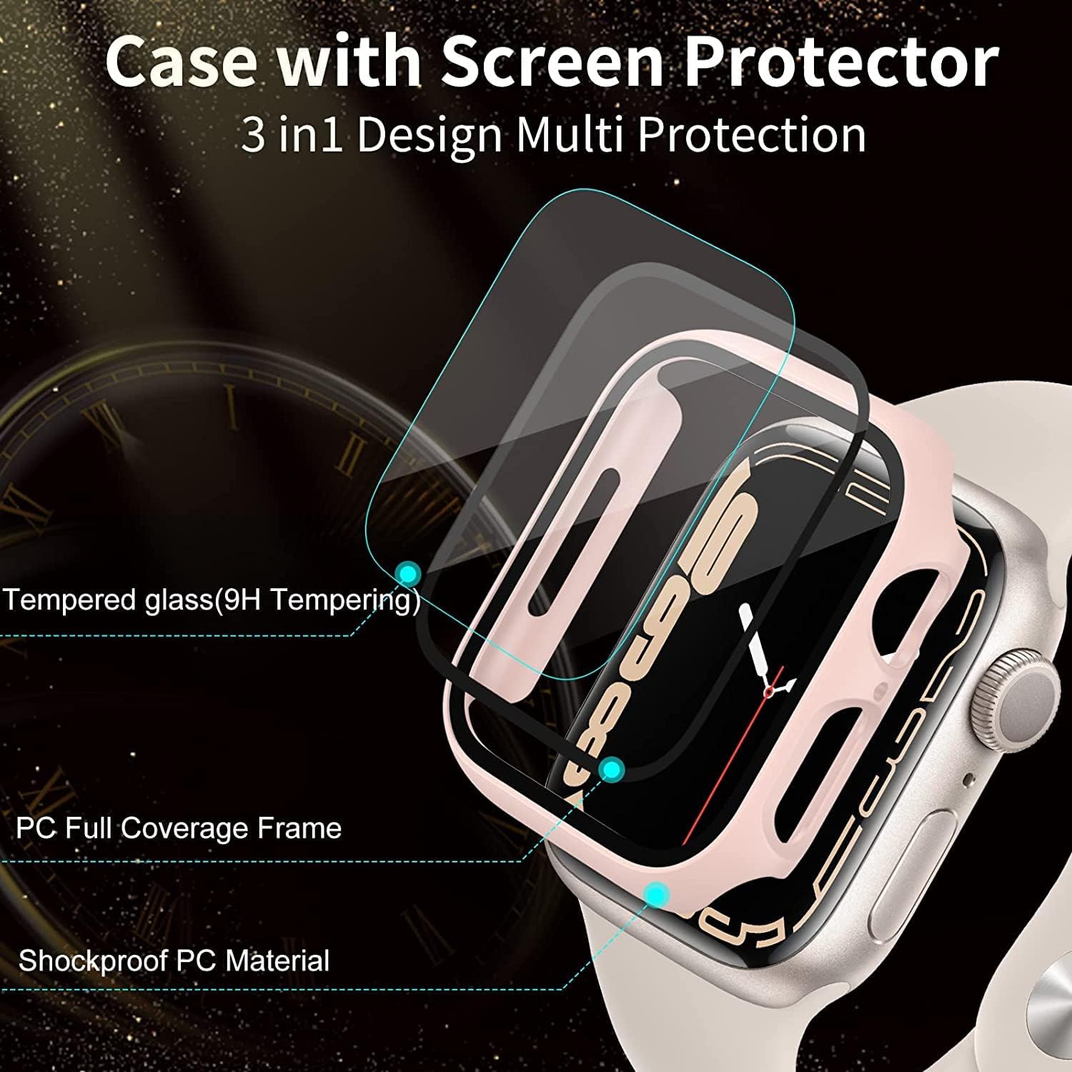 Case with Glass Screen Protector Compatible with Apple Watch 41mm 45mm Series 7 , Full Coverage Slim Hard