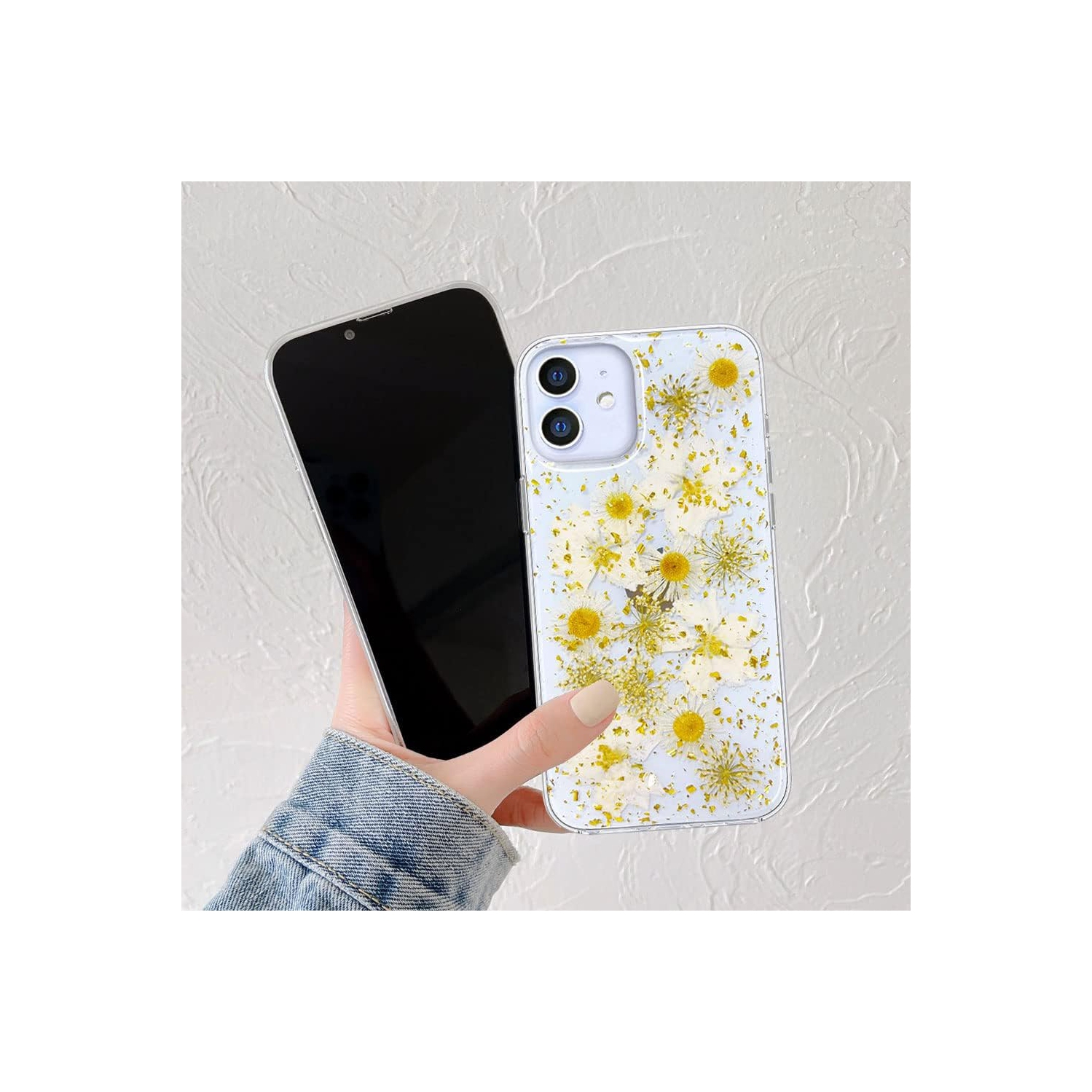 Designed for iPhone 12 Mini Pressed Flower Case, Cute Bling Glitter Sparkle Clear with Design Soft Silicone TPU