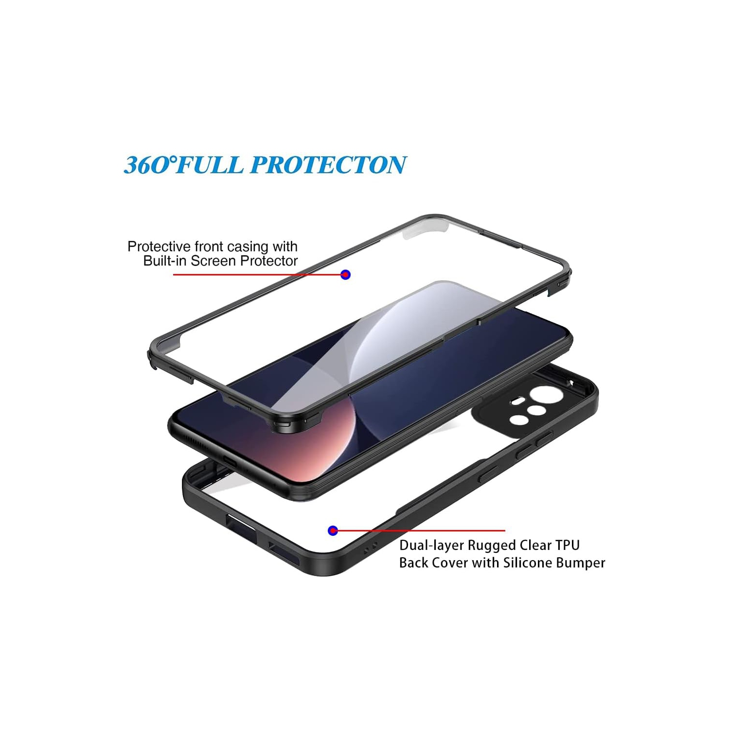 Full Surround Clear Case for Xiaomi 12 Pro, TPU Full Body Protection Shockproof with Screen Protector