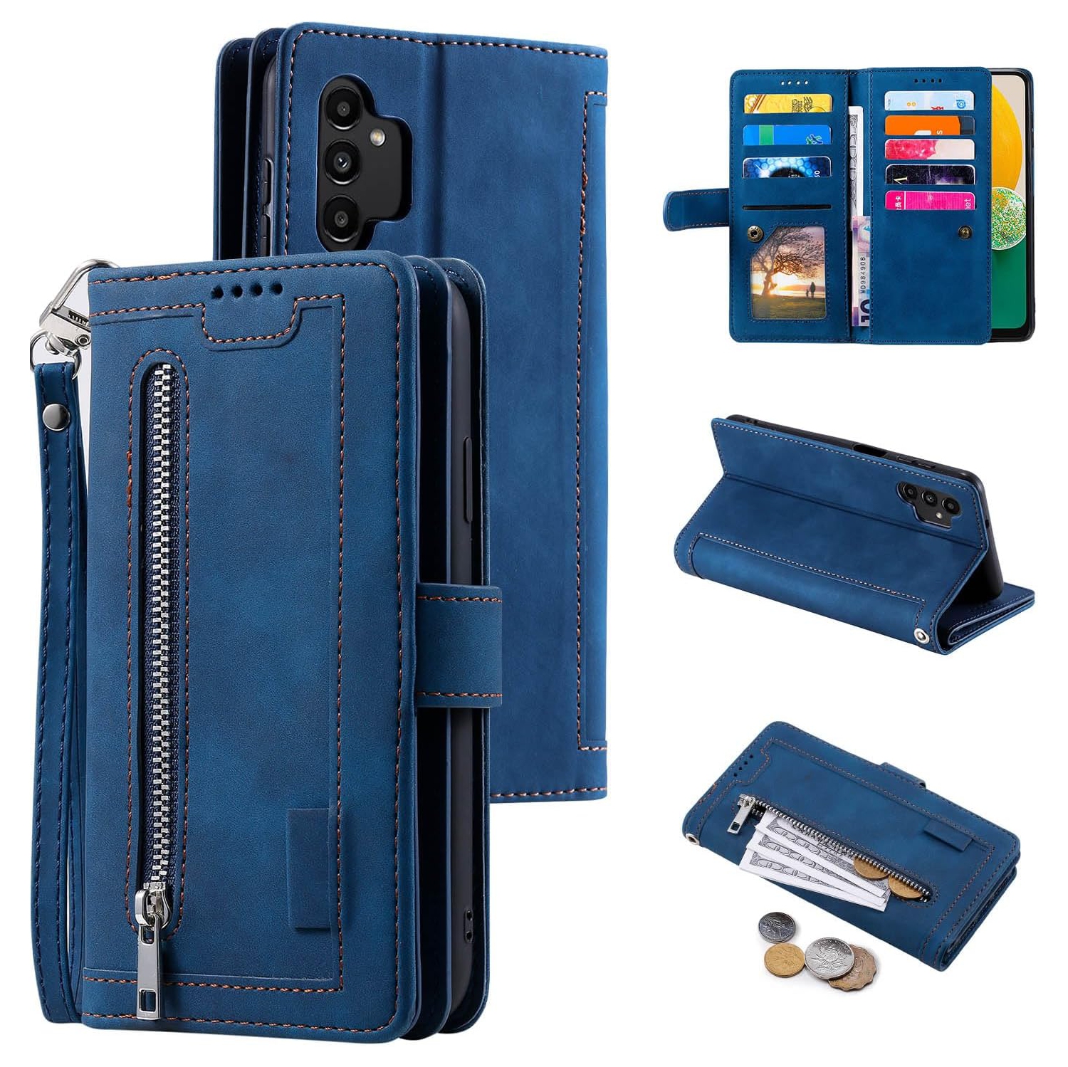 Wallet Case for Samsung Galaxy A13 5G 4G/Galaxy A04S, Retro Matte 9 Card Holder Slots Zipper Pocket Case PU