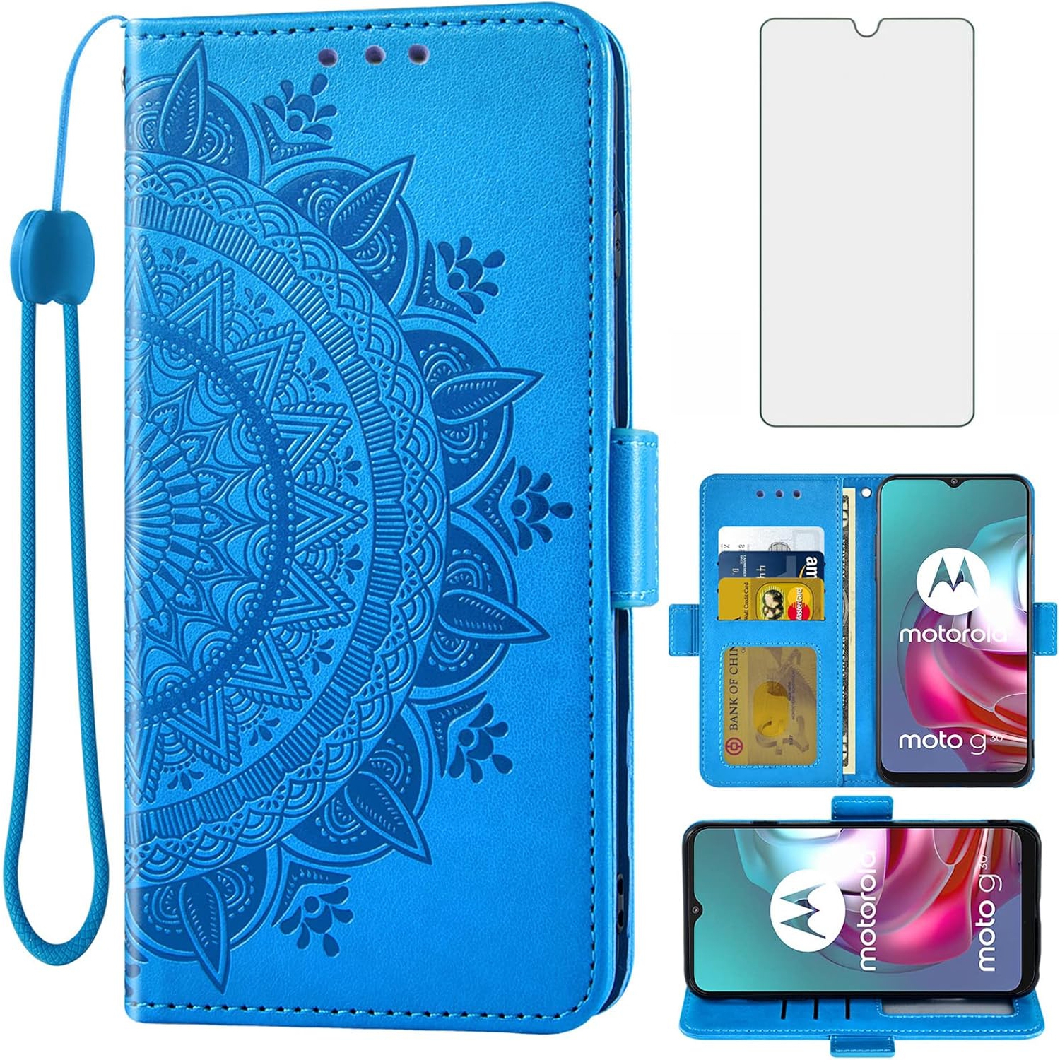 Compatible with Moto G30/G20/G10/10 Power 2021 Wallet Case Tempered Glass Screen Protector Flip Wrist Strap