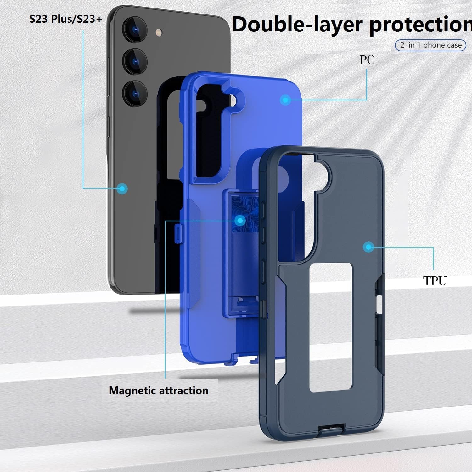 Design professionnel pour Samsung Galaxy S23 plus avec support, protection de qualité militaire contre les chutes, ajustement