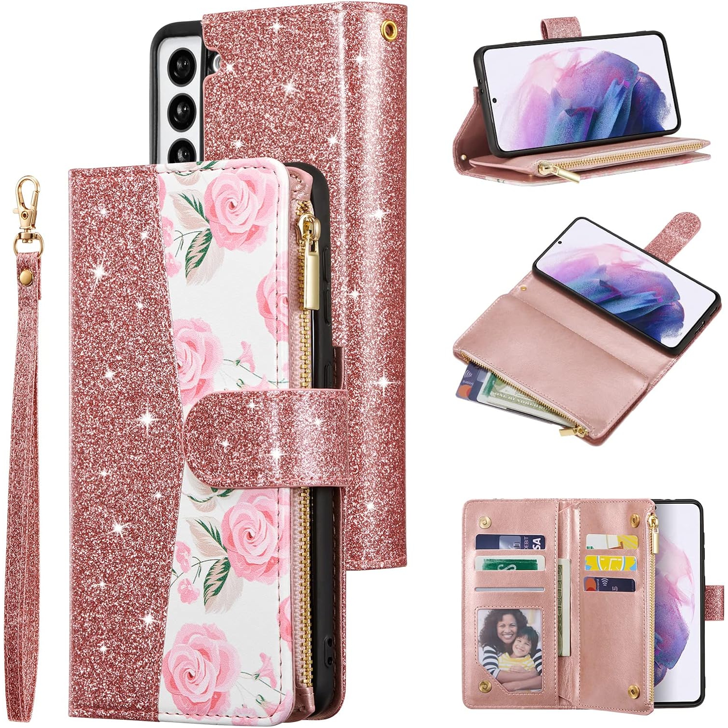 Wallet Case for Samsung Galaxy S21 5G, Glitter PU Leather Magnetic Handbag Zipper Pocket Case Kickstand Card