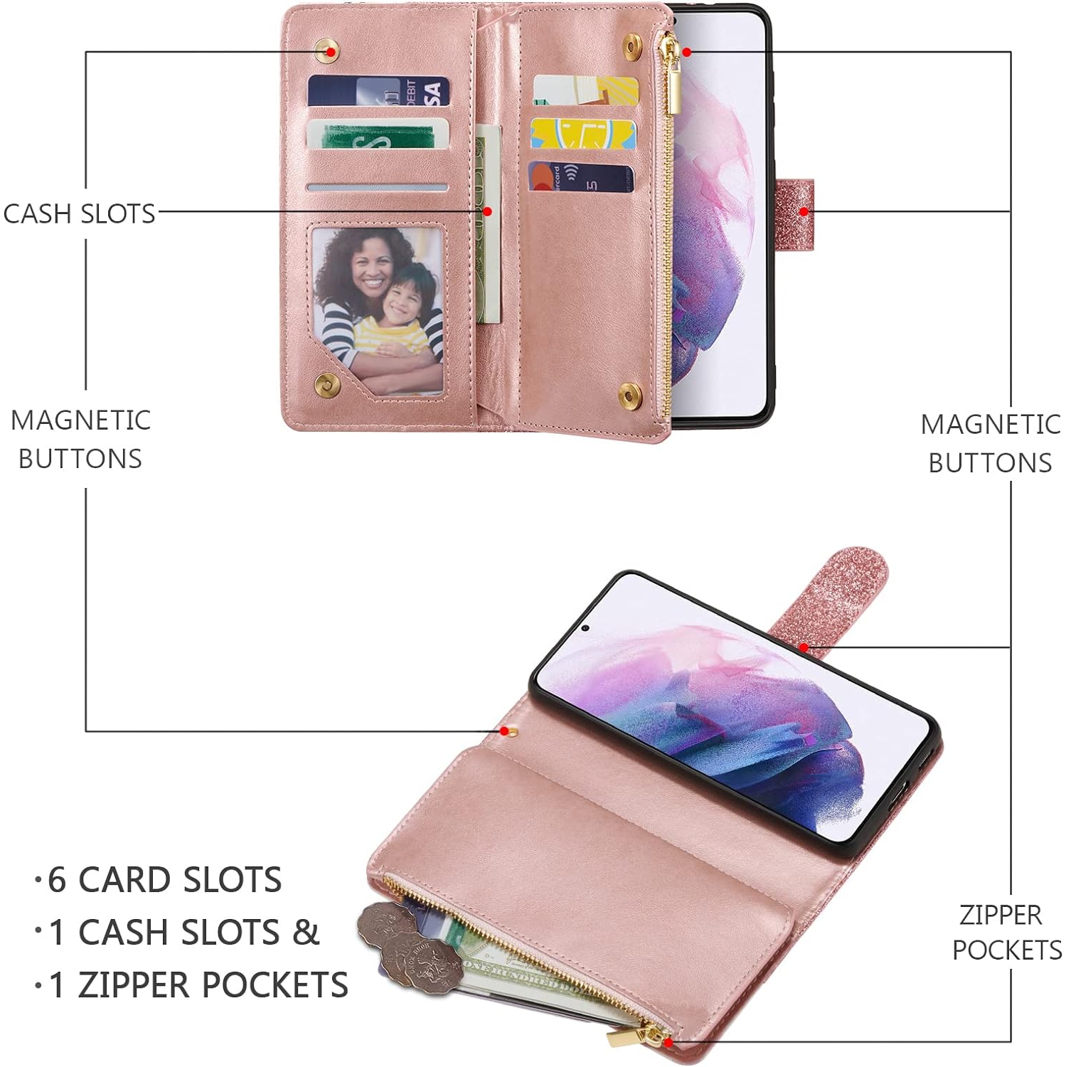 Wallet Case for Samsung Galaxy S21 5G, Glitter PU Leather Magnetic Handbag Zipper Pocket Case Kickstand Card