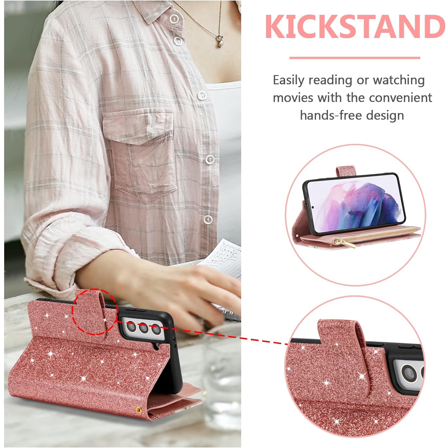 Wallet Case for Samsung Galaxy S21 5G, Glitter PU Leather Magnetic Handbag Zipper Pocket Case Kickstand Card