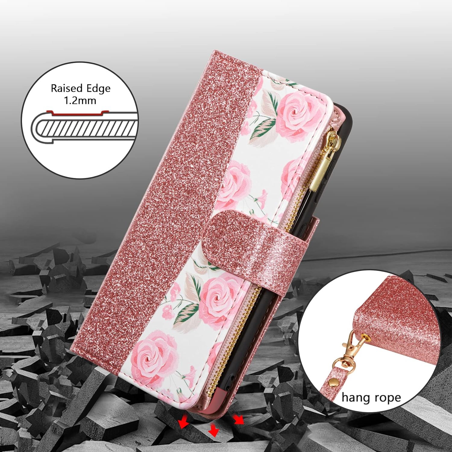 Wallet Case for Samsung Galaxy S21 5G, Glitter PU Leather Magnetic Handbag Zipper Pocket Case Kickstand Card