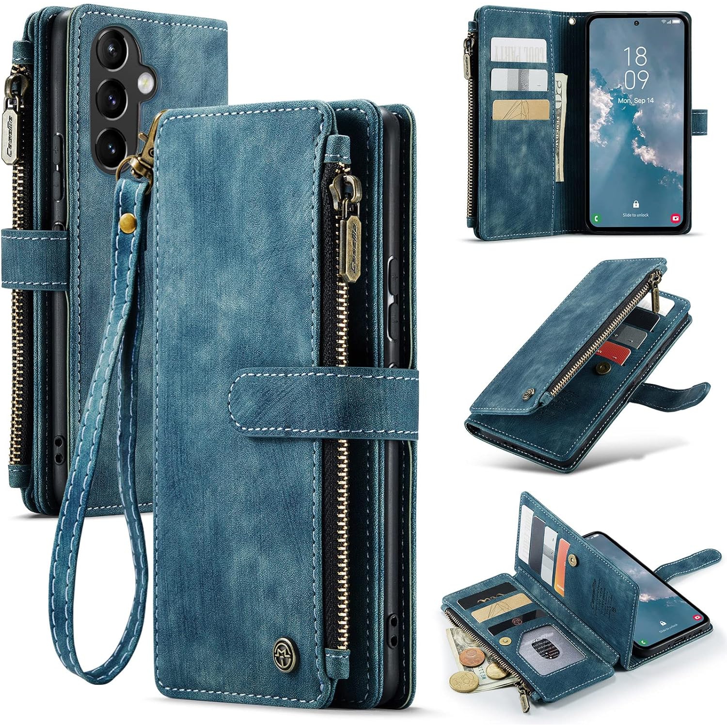 Wallet Case for Samsung Galaxy A14 5G, Premium Handmade PU Leather Phone Case Card Slots Magnetic Closure Zipper