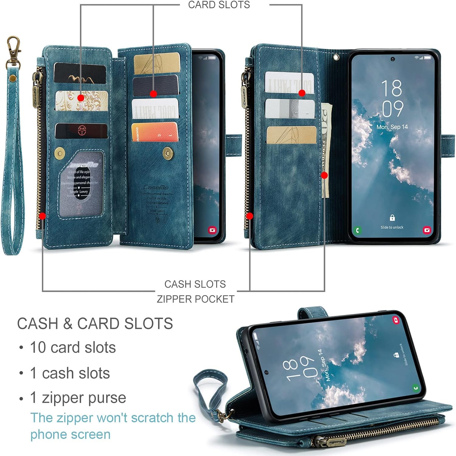 Wallet Case for Samsung Galaxy A14 5G, Premium Handmade PU Leather Phone Case Card Slots Magnetic Closure Zipper