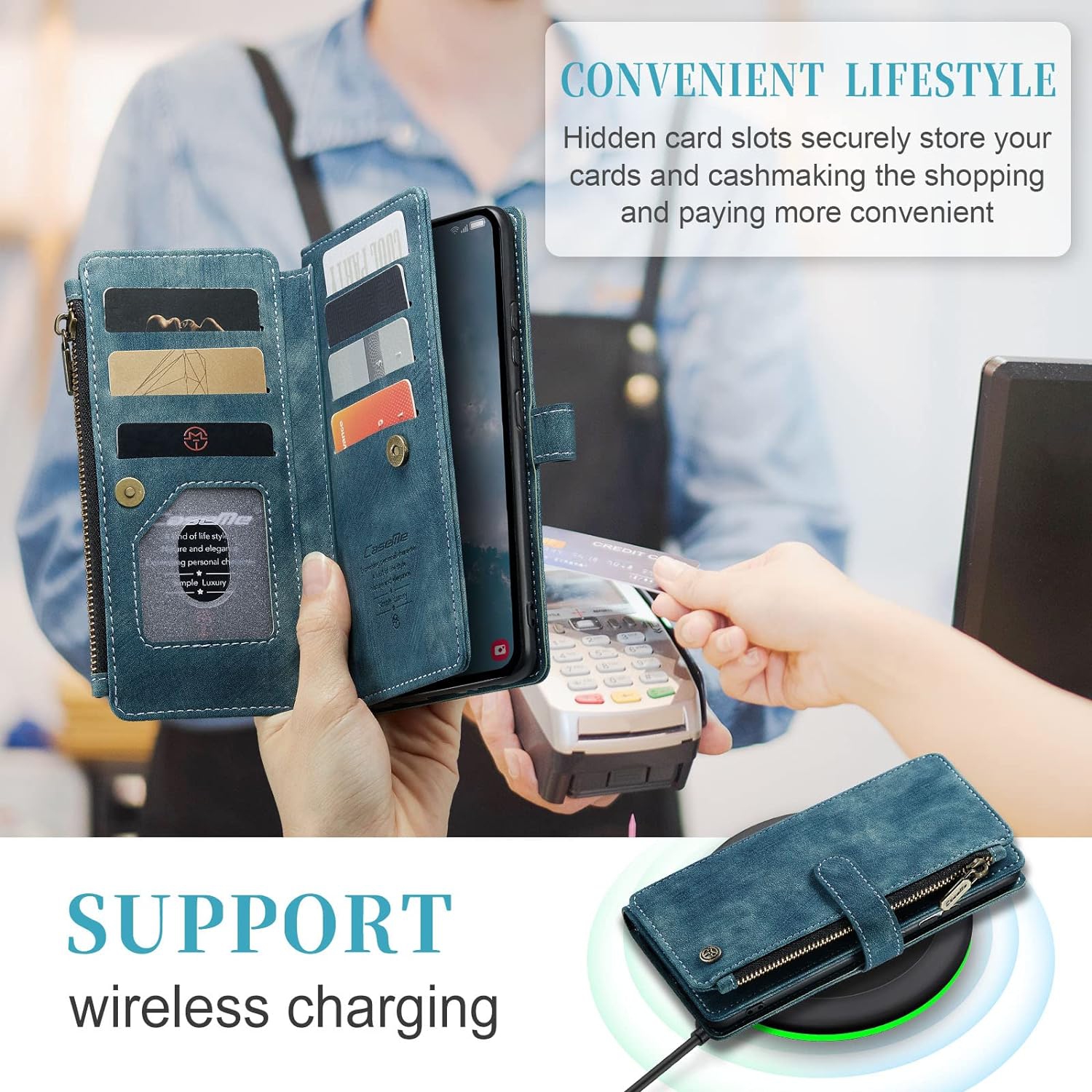 Wallet Case for Samsung Galaxy A14 5G, Premium Handmade PU Leather Phone Case Card Slots Magnetic Closure Zipper