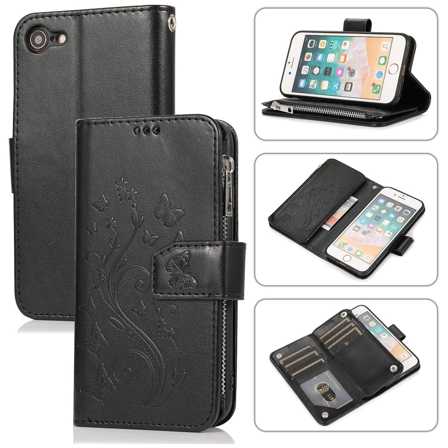 Wallet Case for iPhone SE 2022 5G/iPhone 7/iPhone 8/iPhone SE 2020, Premium PU Leather Magnetic Flower Zipper