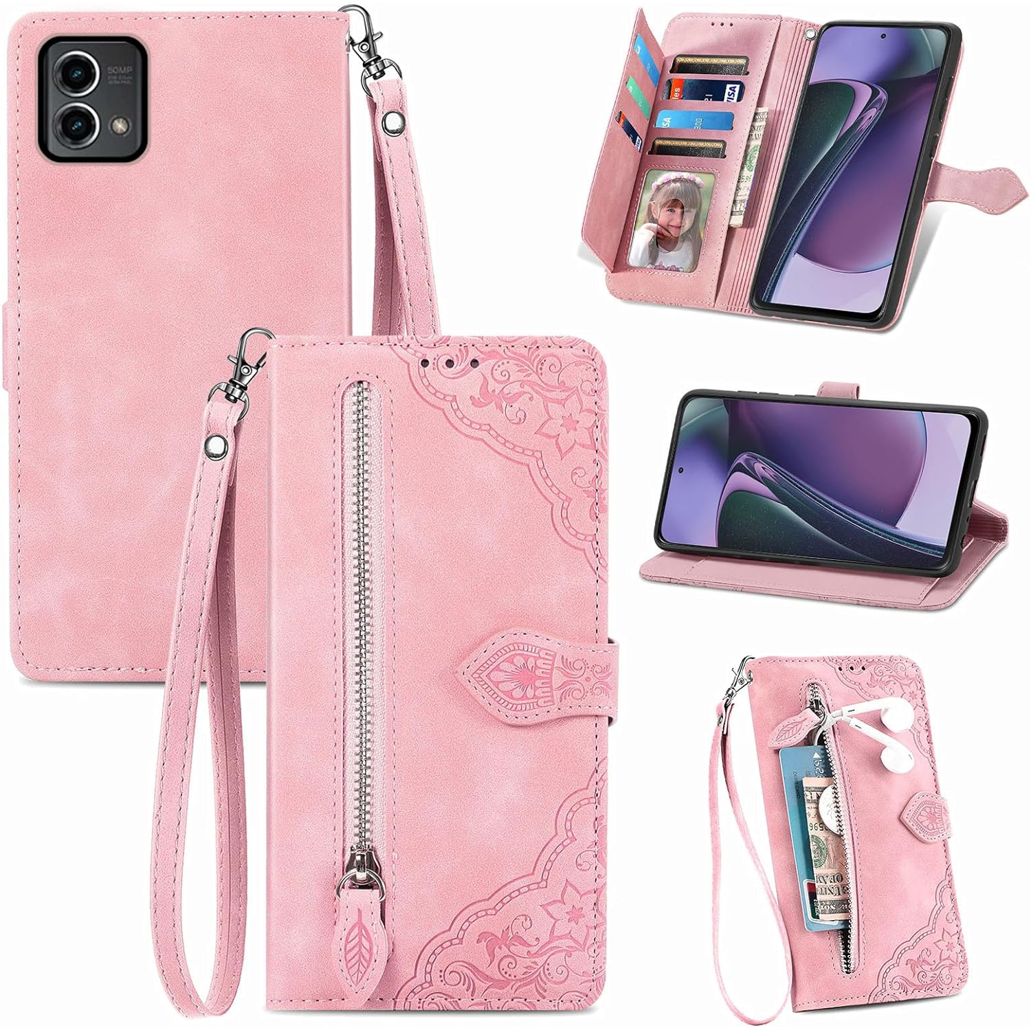 Compatible avec l'étui portefeuille Moto G Stylus 5G 2023 de Motorola avec dragonne et carte à rabat en cuir