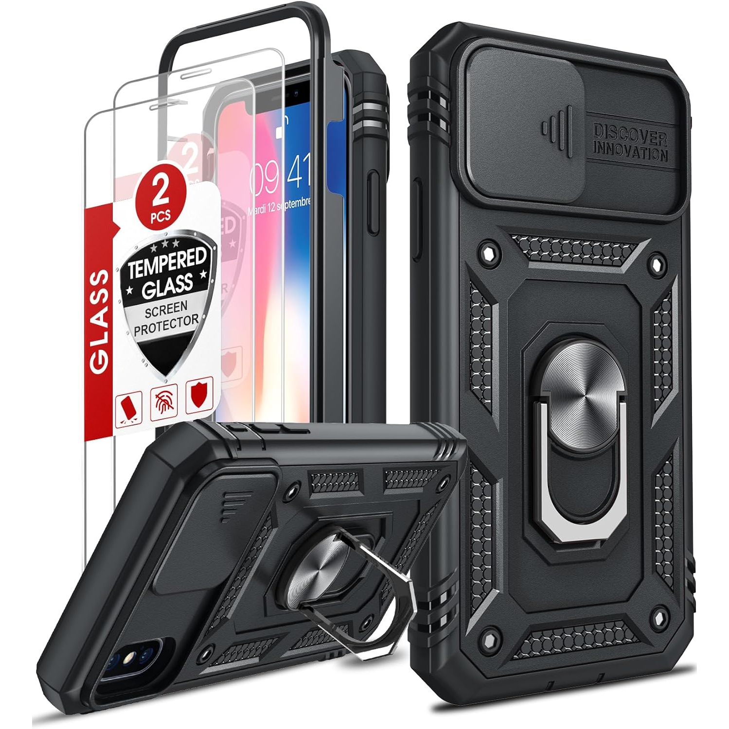 Pour l'étui iPhone XS : étui iPhone X avec couvercle de caméra coulissante + [2 paquets] protecteur d'écran en verre trempé, support à anneau