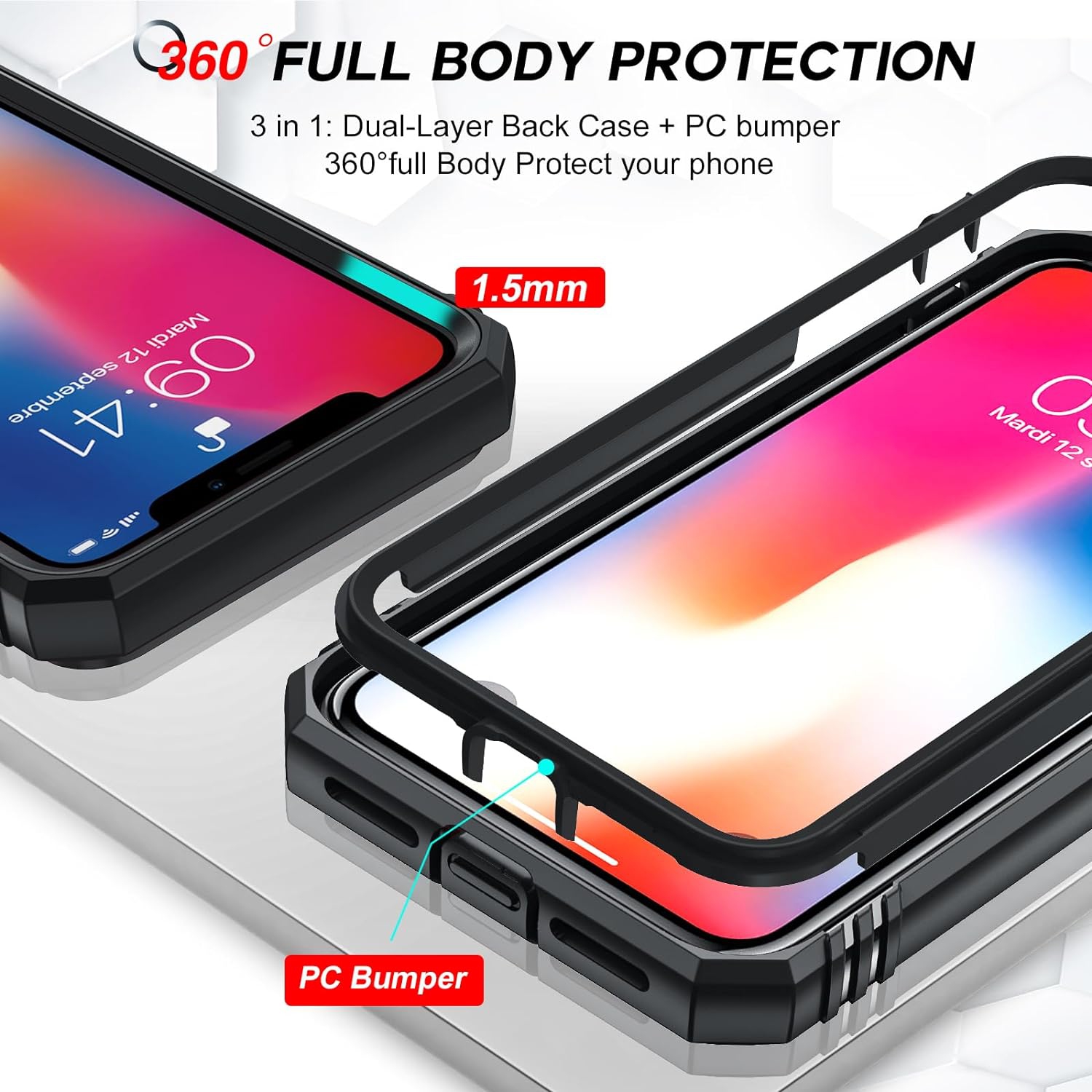 Pour l'étui iPhone XS : étui iPhone X avec couvercle de caméra coulissante + [2 paquets] protecteur d'écran en verre trempé, support à anneau