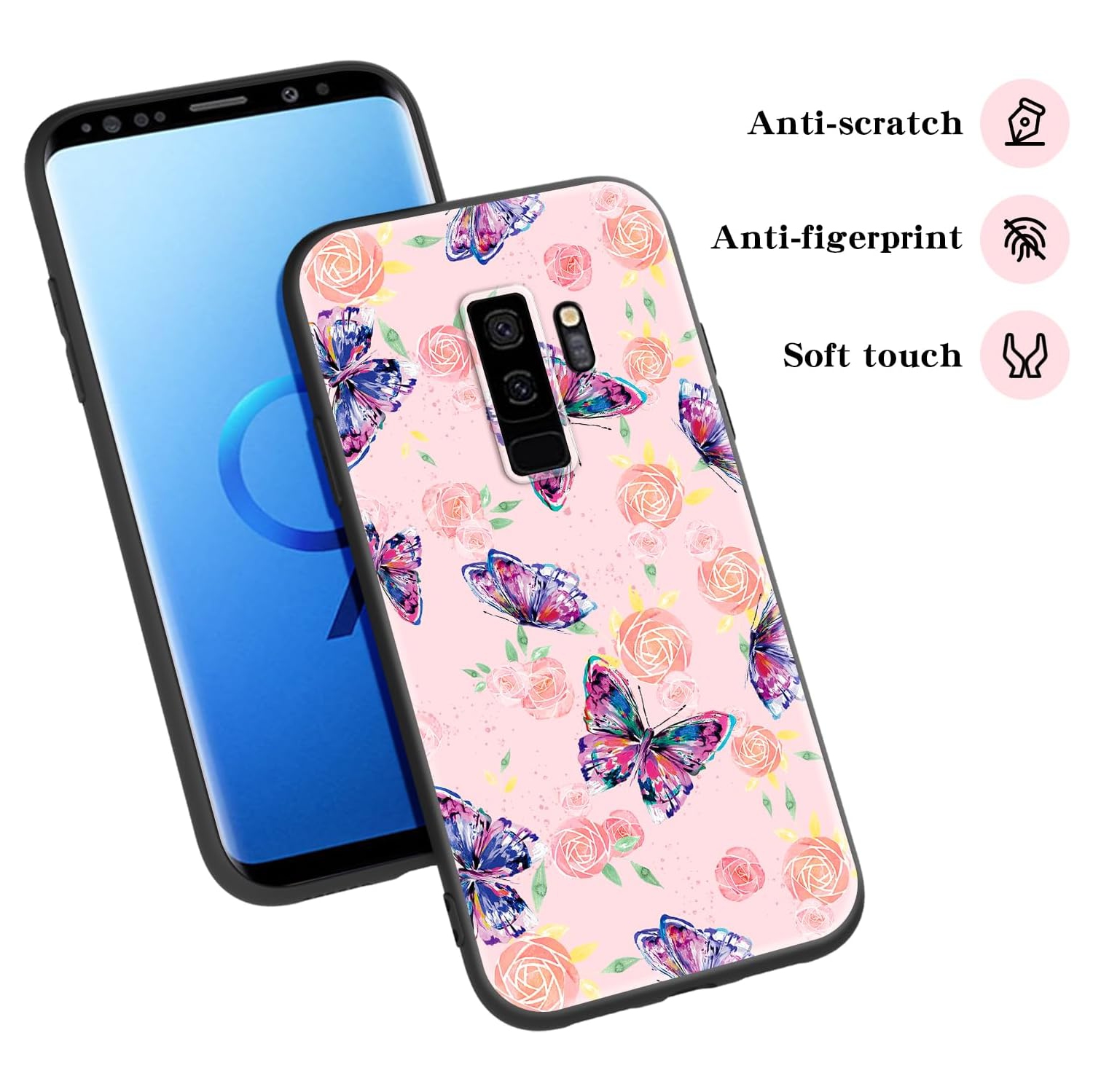 for Samsung Galaxy S9 Plus Phone Case with Lanyard Strap Flowers Butterfly Design Shockproof Protective Case