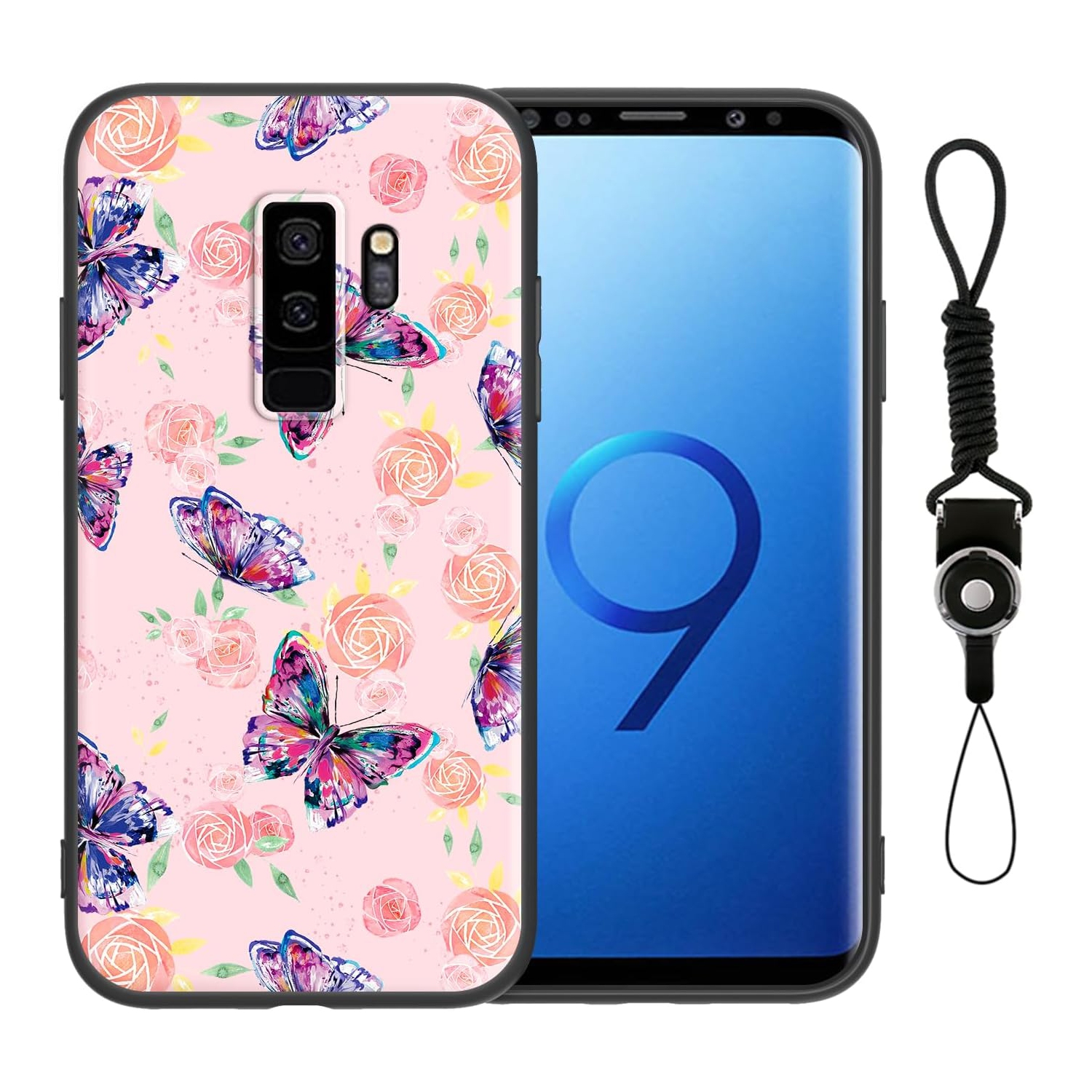 for Samsung Galaxy S9 Plus Phone Case with Lanyard Strap Flowers Butterfly Design Shockproof Protective Case