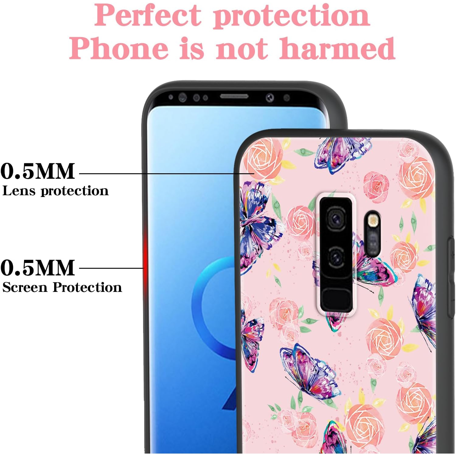 for Samsung Galaxy S9 Plus Phone Case with Lanyard Strap Flowers Butterfly Design Shockproof Protective Case