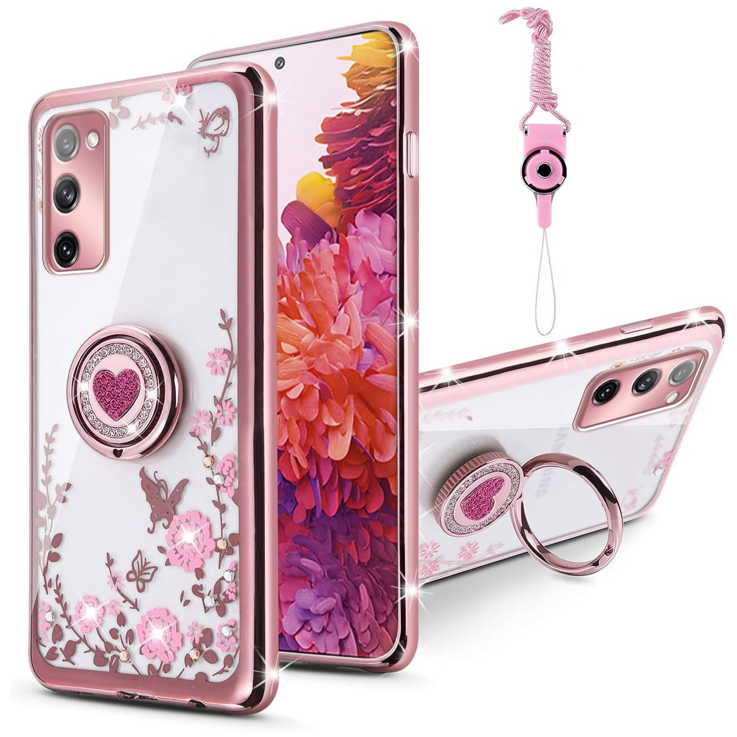 for Samsung Galaxy S20 FE Case,S20 FE Case for Women, Glitter Crystal Butterfly Heart Floral Slim TPU Cute Girls