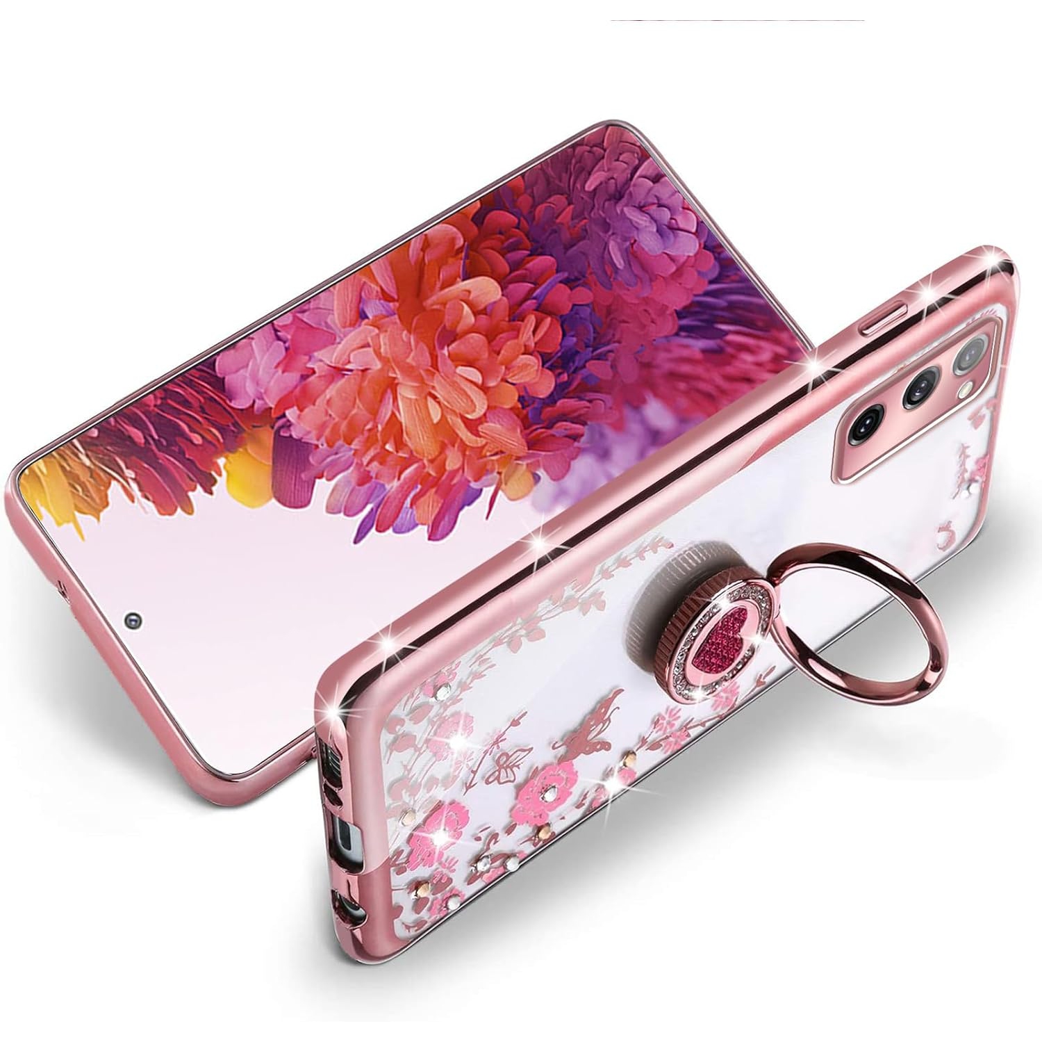 for Samsung Galaxy S20 FE Case,S20 FE Case for Women, Glitter Crystal Butterfly Heart Floral Slim TPU Cute Girls