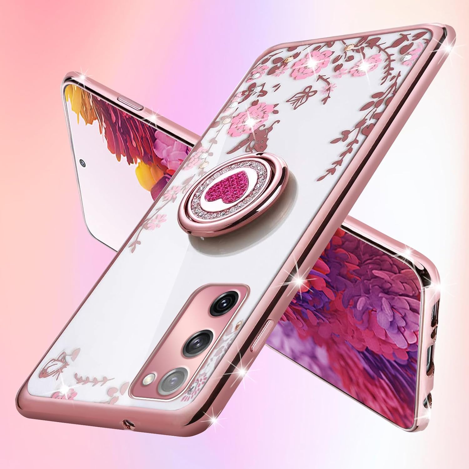 for Samsung Galaxy S20 FE Case,S20 FE Case for Women, Glitter Crystal Butterfly Heart Floral Slim TPU Cute Girls