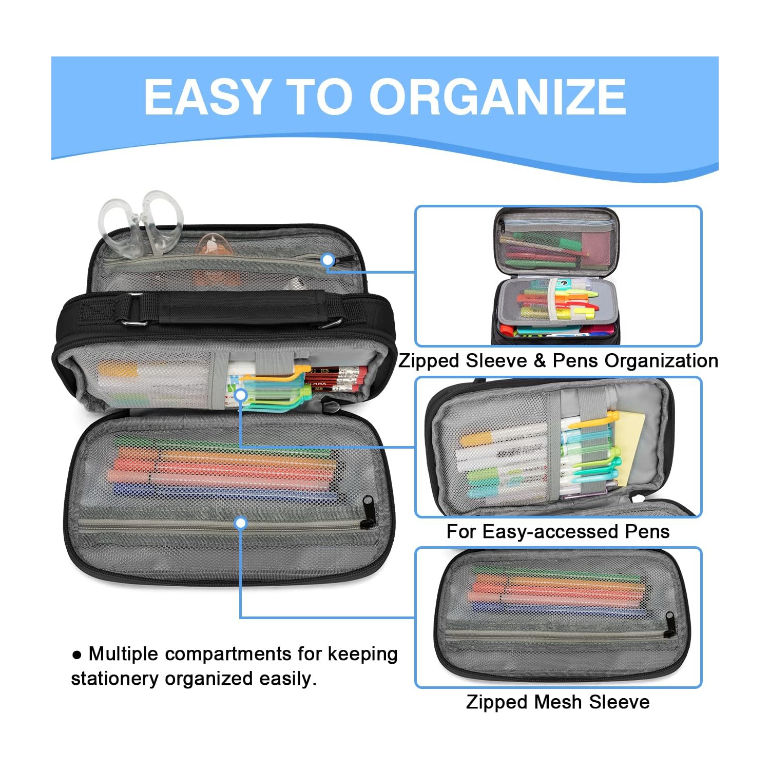 Étui à crayons, grande pochette à crayons avec compartiments pour l’école intermédiaire, le travail, porte-stylos de bureau, école d’organisation