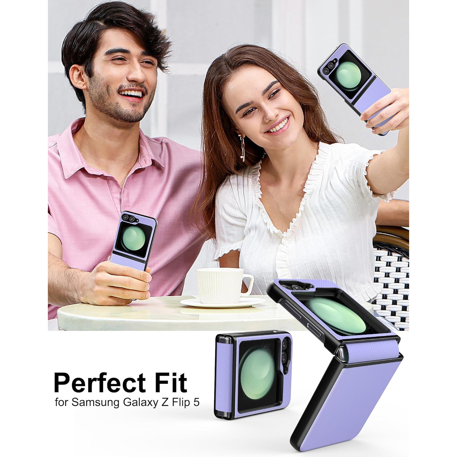 Slim Protective Case for Samsung Galaxy Z Flip 5 with Hinge Protection Rubber Strap PU Leather + Hard PC Shell,