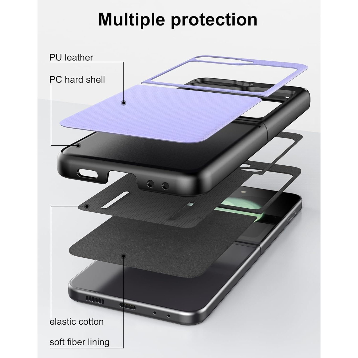 Slim Protective Case for Samsung Galaxy Z Flip 5 with Hinge Protection Rubber Strap PU Leather + Hard PC Shell,